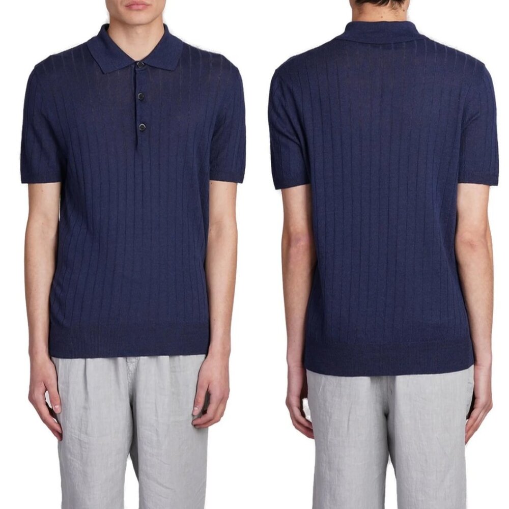 NWT Barena Marco Polo Shirt Ribbed Knit Short Sleeve Navy Linen Blend Sz XL